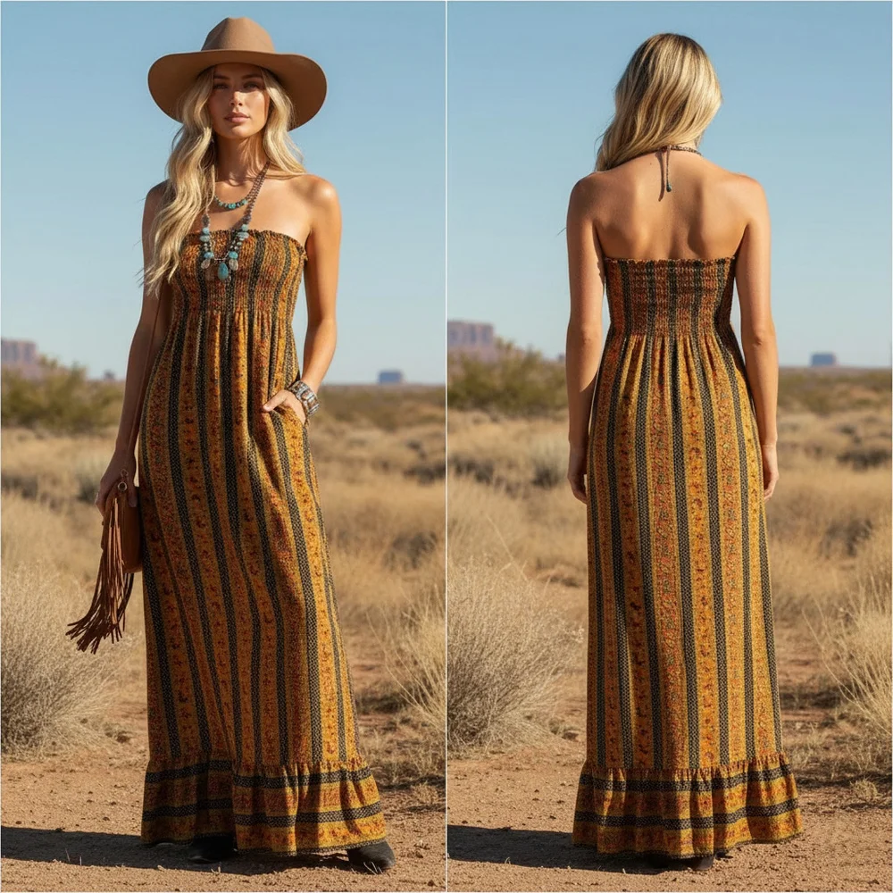 What Goes Around Comes Around 100% Silk Maxi Dress XS Boho Smocked Strapless EUC - Picture 1 of 9